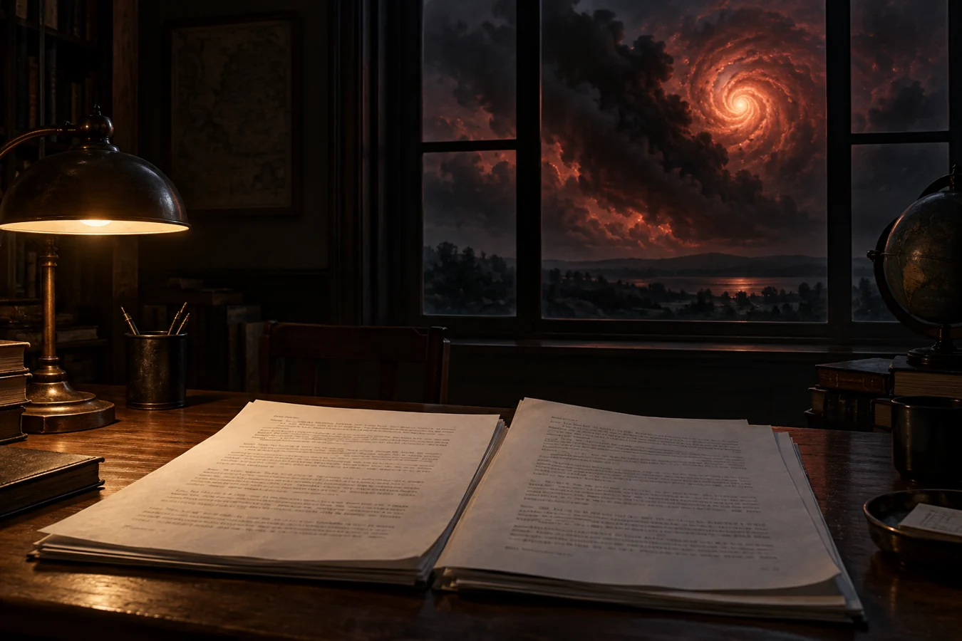 Dattiloscritto moderno su una scrivania e ricostruzione immaginaria di un corpo luminoso nel cielo