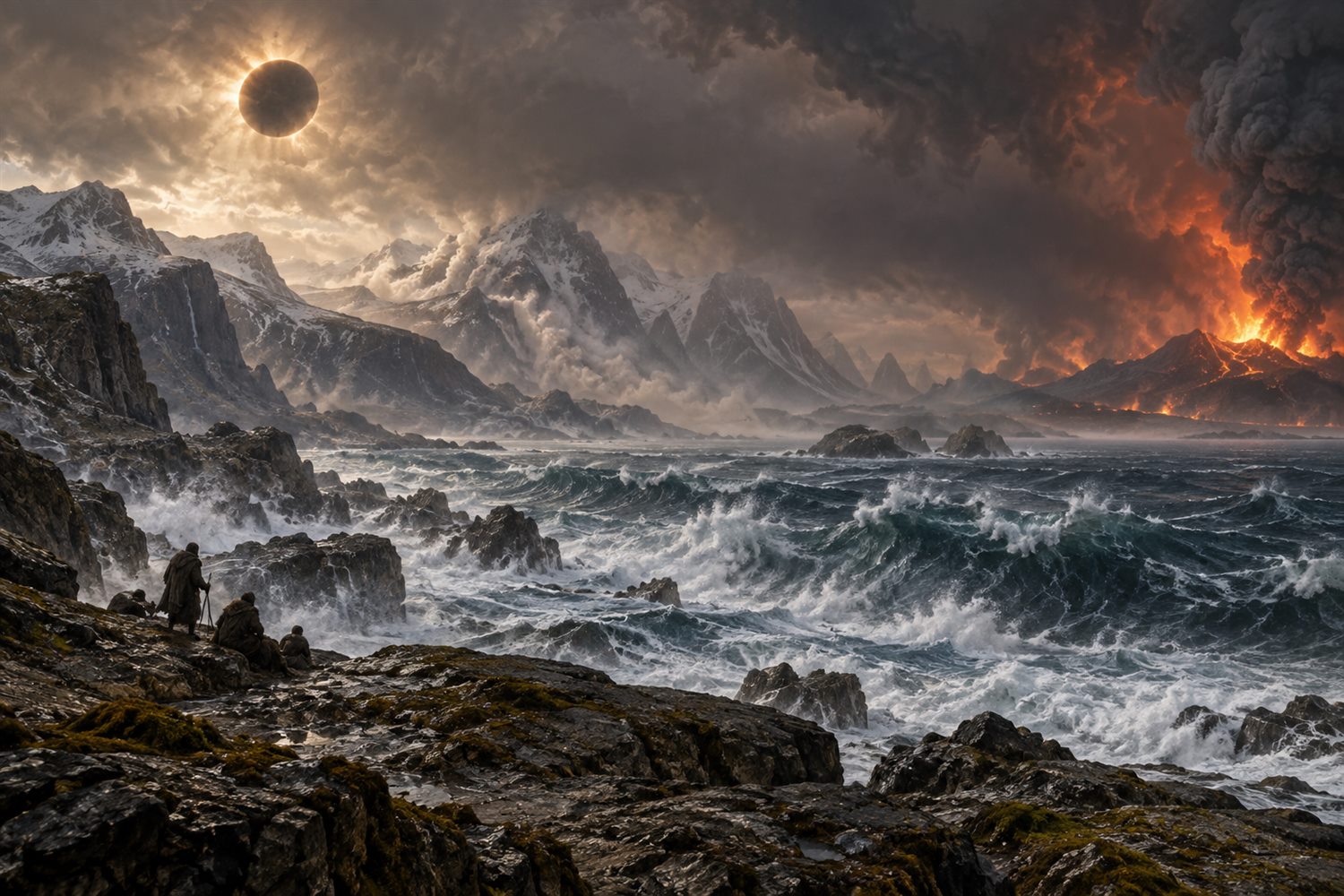 Ricostruzione narrativa del Ragnarök con Sole oscurato, mare agitato e fuoco lontano